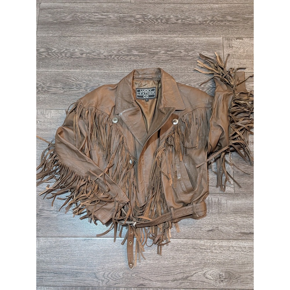 Lucky Leather Co Vintage Fringe Western Biker Jacket Brown XL Concho Belted